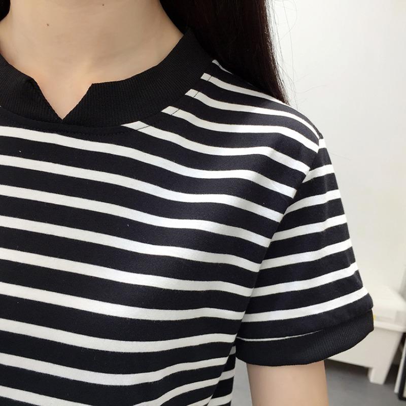 Summer Women's Loose Cotton Short-sleeved T-shirt Striped Half-sleeved Commuter Top