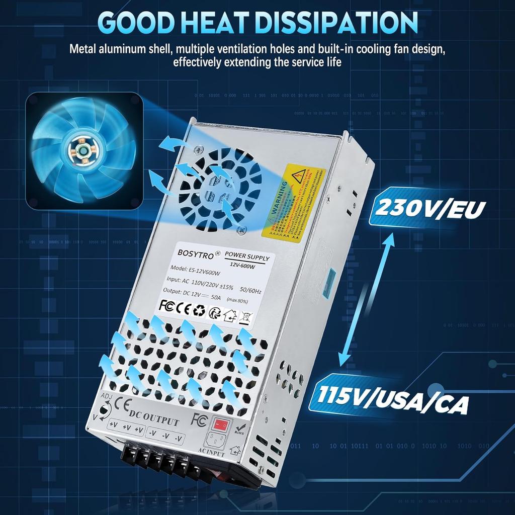 12V DC Power Supply 600W 50A AC to DC Converter Switching Power Supply for Led Strip, Motor Pump, CCTV, 3D Printer, Electronic Instruments, Lab