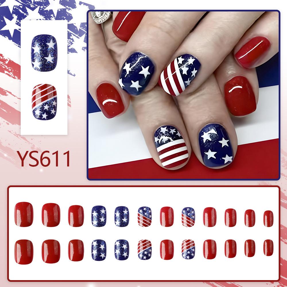 Independence Day Short Round Red & Blue Star Fake Nails Set (24 Pieces)