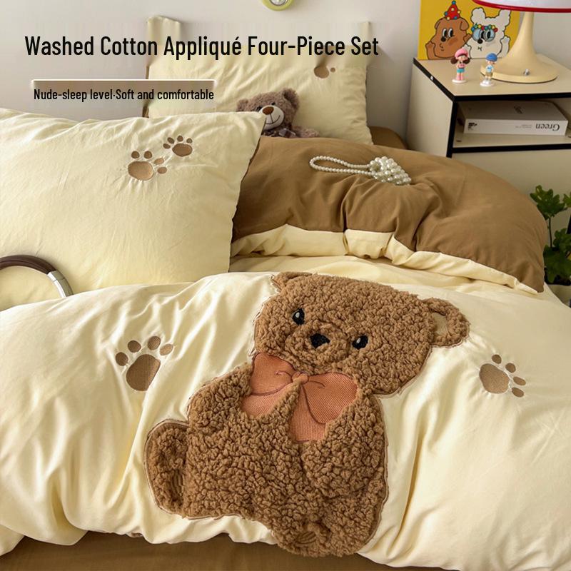 Cartoon Soft Cotton Washable Single Bed 3-Piece Set: Fitted Sheet, Flat Sheet, Skin-Friendly
