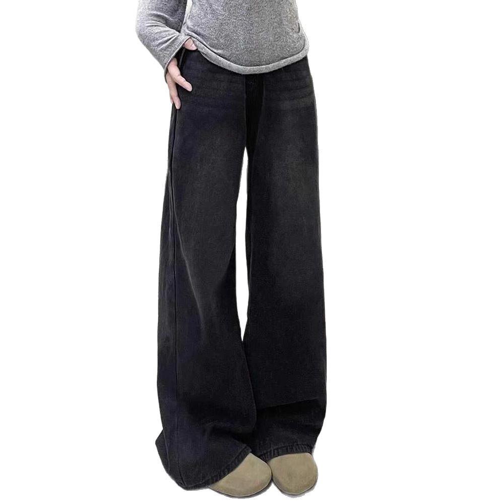 

Ретро Черные Серые Джинсы Широкие Штанины Женские Весенне-Осенний Стиль Высокая Посадка Стройнящие Свободные Прямые Штанины Драпированные Брюки Длиной в Пол S темно серый