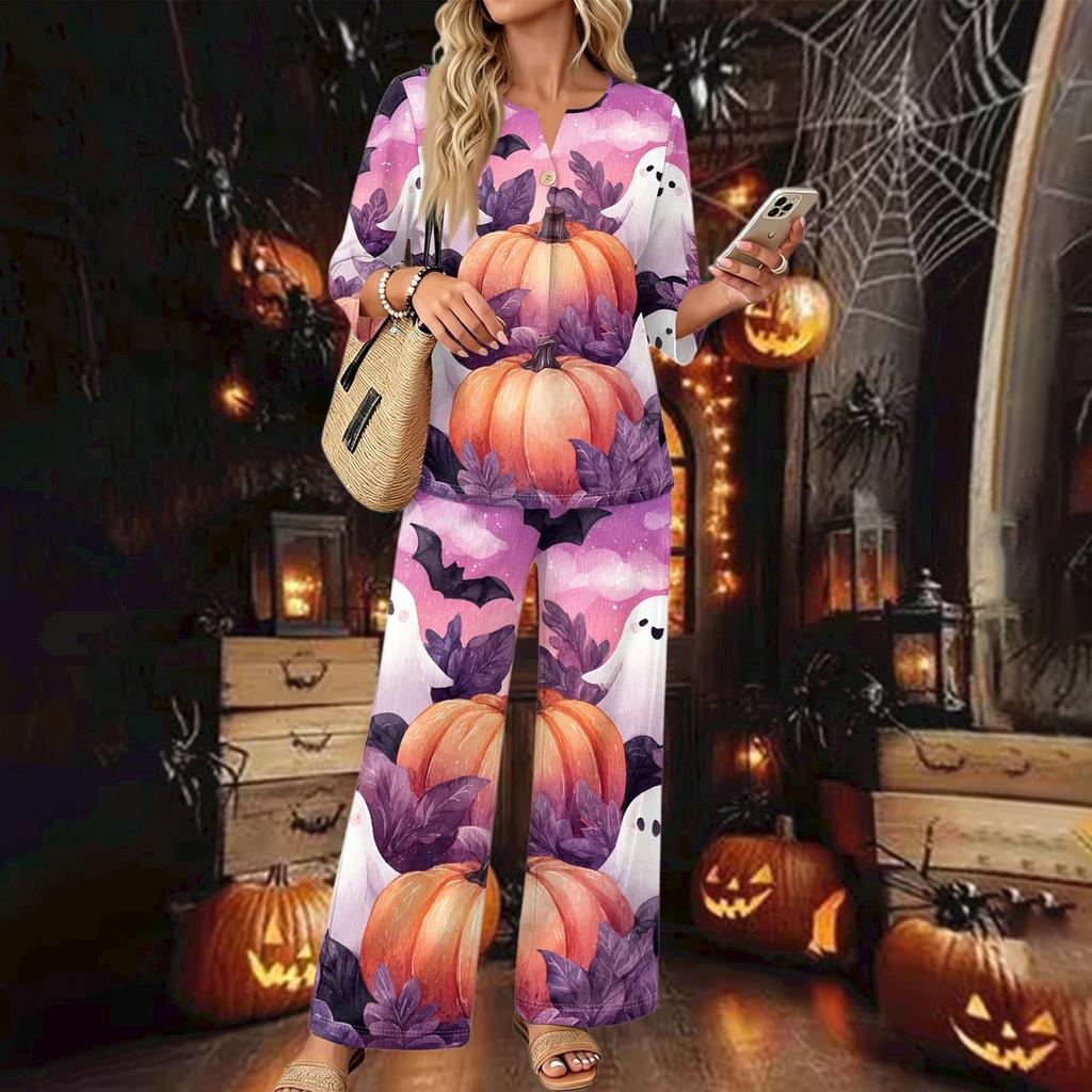 Women's Casual Printed 3/4 Sleeve Button Down Top and Wide Leg Pants 2 Piece Set