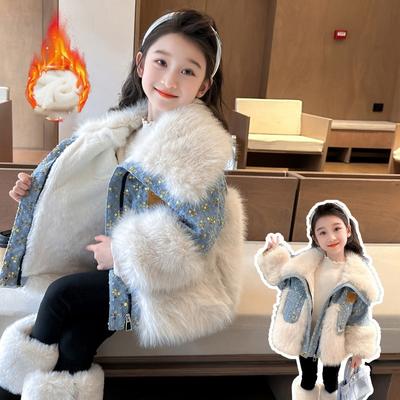 Herbst Winter Mädchen Dicke Kunstfell Hick Denim Jacke Pullover Jacke mit zusätzlichem Samt