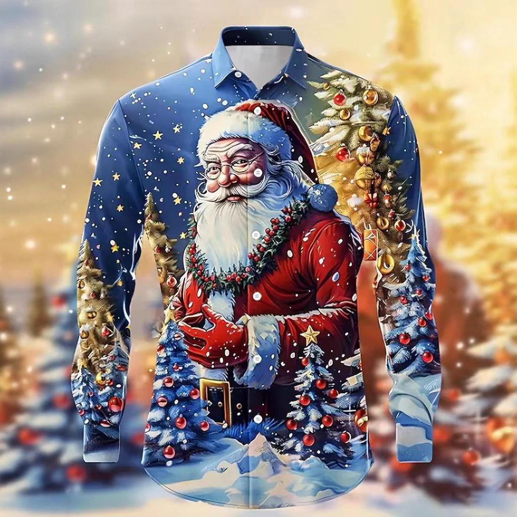 Herren 3D Weihnachtsmann-Druck Langarm Freizeitshirt