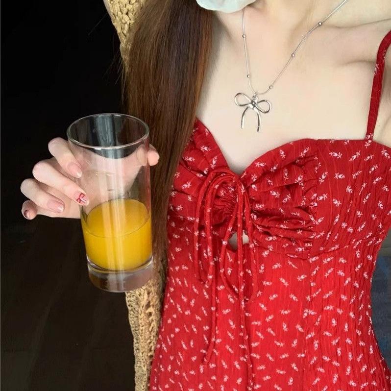 Vintage floral dress red dress women's summer spice a word skirt suspender skirt vacation style seaside dress