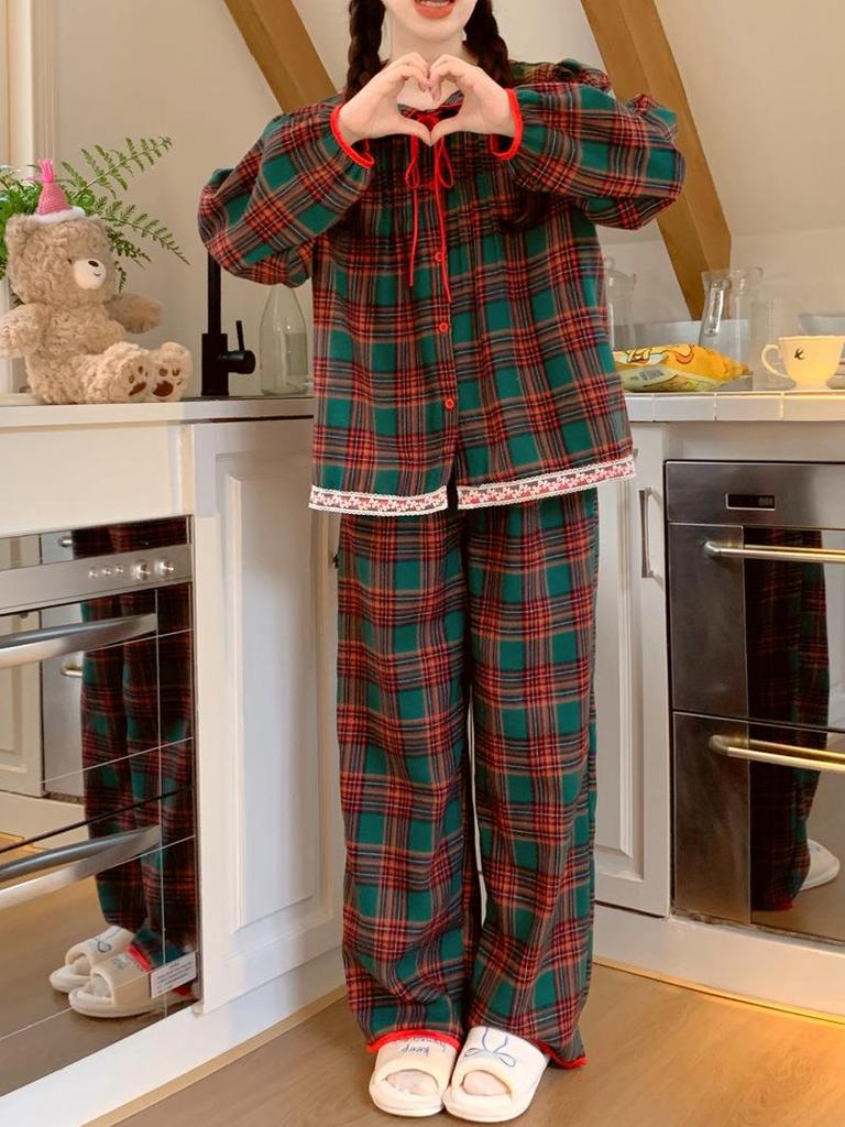 Корейський картатий різдвяний піжамний комплект для дівчаток - комірець Пітера Пена, довгий рукав та штани, осінньо-зимовий домашній одяг