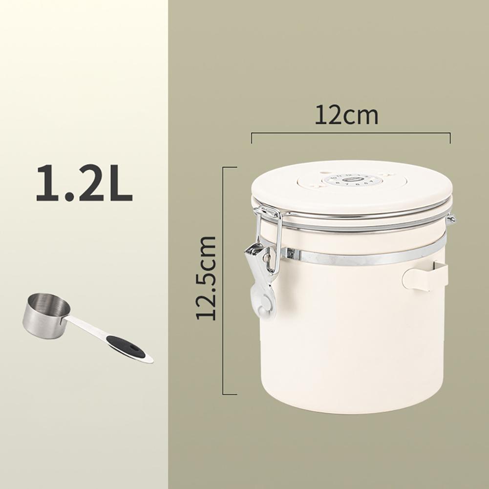 Coffee Canister, Coffee Storage Airtight Canister With Measuring Spoon, CO2 Release Valve, Silicone Rubber Sealing Strip Coffee Canister For Beans 1.2L-White-304Comes with 304 measuring spoon