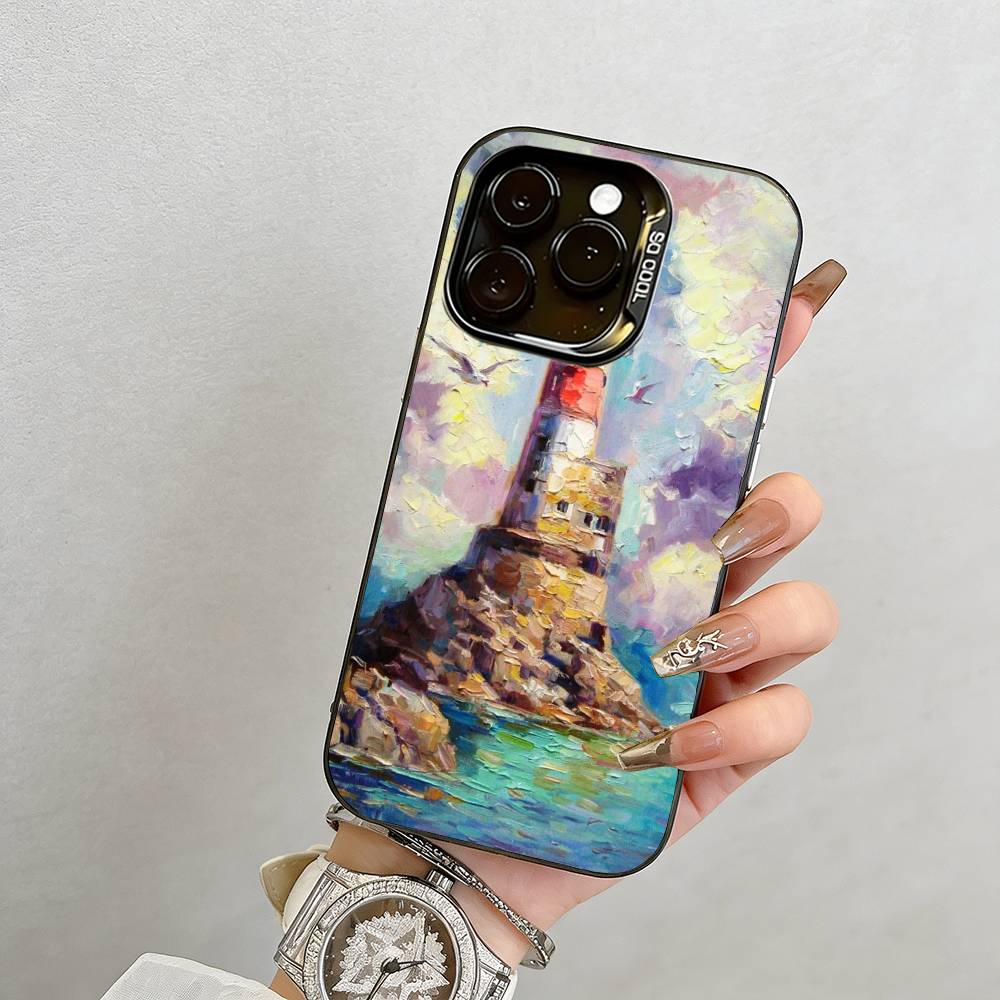 Ölmalerei Kunst Leuchtturm Handyhülle Für iPhone 17,16,15,14,13,12,11 Plus,Pro Max,XS,Bunte Silberne Handyhülle Funda Cover