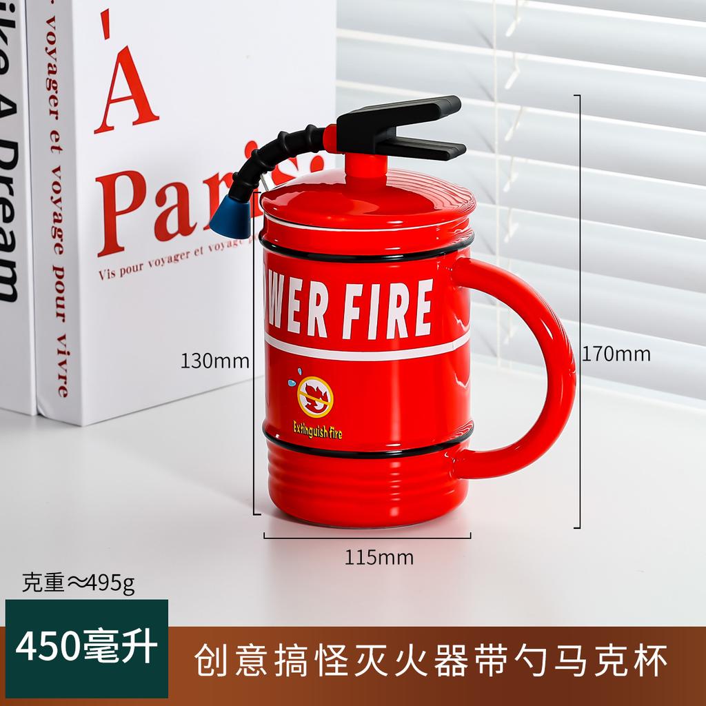 450ml Creative Fire Extinguisher Cup with Spoon Fire Hydrant Tea Cup, Office Water Cup, Ceramic Cup, Funny Gift for Best Friend