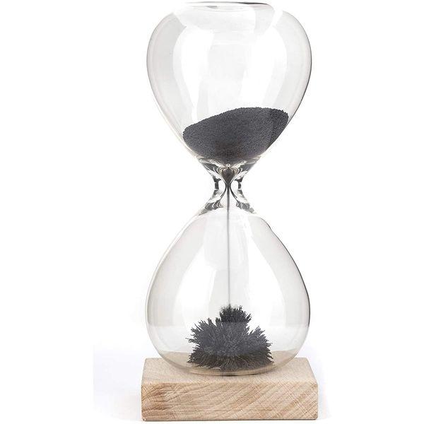 Magnetic Hourglass Sculpture Iron Filings Wooden Base Magnet