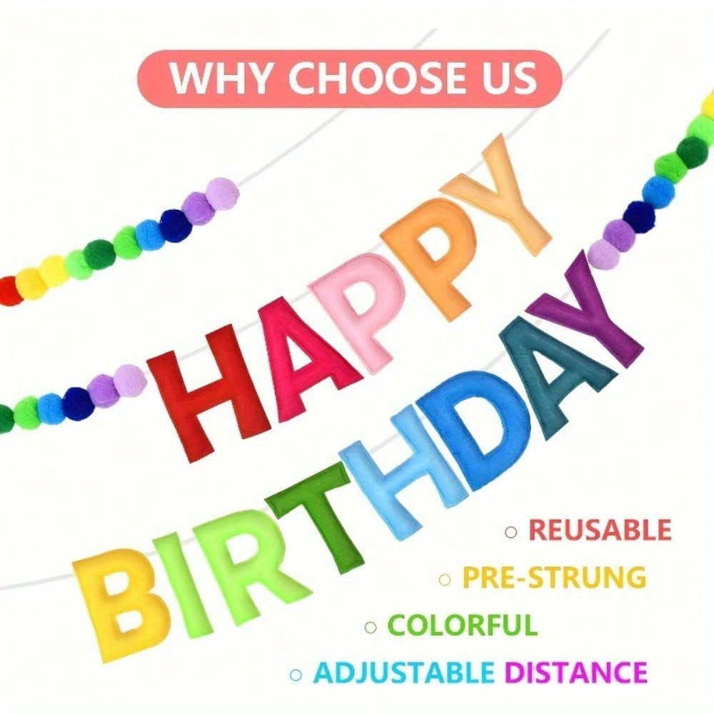 Colorful Pre-Strung Happy Birthday Banner Set with 28 Felt Pom Balls - Rainbow Fabric Garland, Perfect for Party Decor