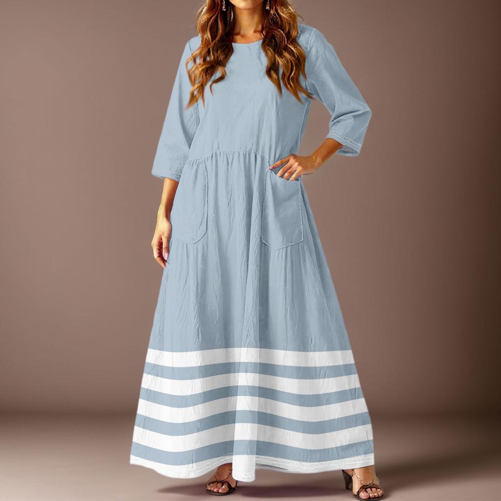 Women's Casual Fashion Striped Printed Three-quarter Sleeve Pocket Long Dress