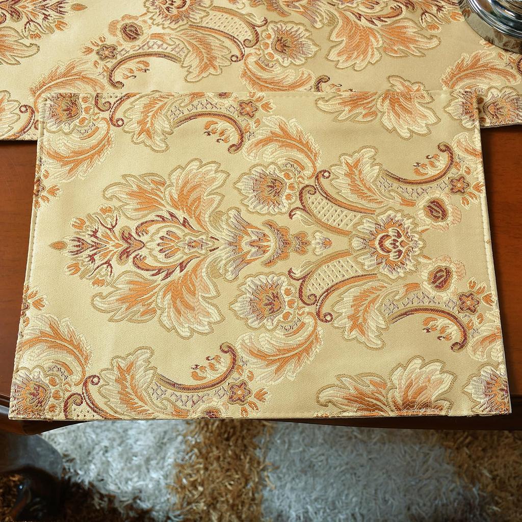 Table Runner and Placemats Set of 6 Gold Placemats for Dining Table Set of 4 Table Runner Luxury Thick Lined Damask Christmas Holiday Lace Beaded