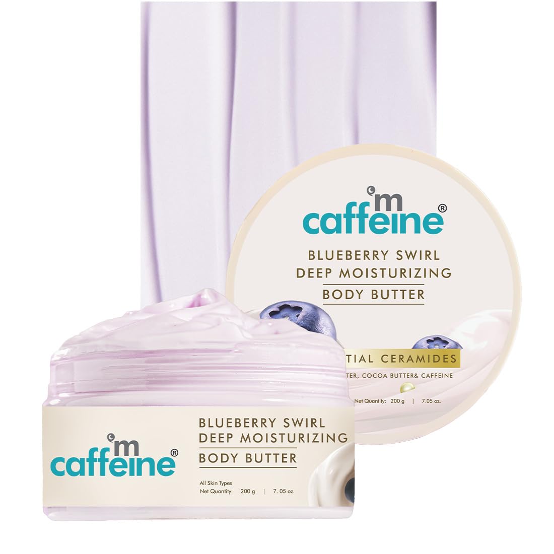 mCaffeine Blueberry Swirl Deep Moisturizing Body Butter 200g Pack of 1 for 72H Hydration & Smooth Skin