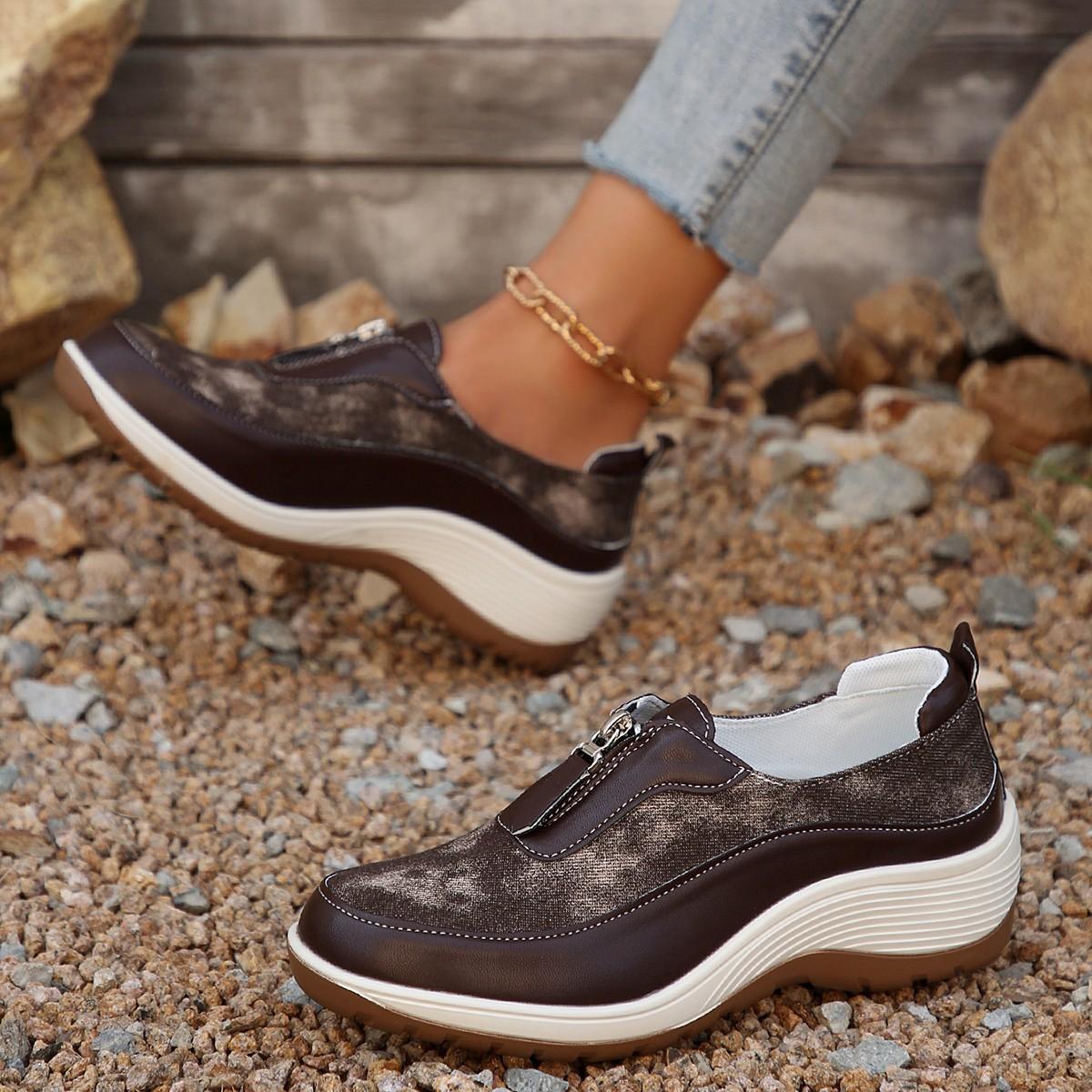 

2025 spring and autumn new foreign trade large size flat-soled single shoes platform-soled wedge heel casual shoes women s front zipper sports sh 43 хакі