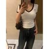 V-neck Pure Cotton Right Shoulder Fashion Short-sleeved T-shirt Women's New Bow Slim Slim Casual Top