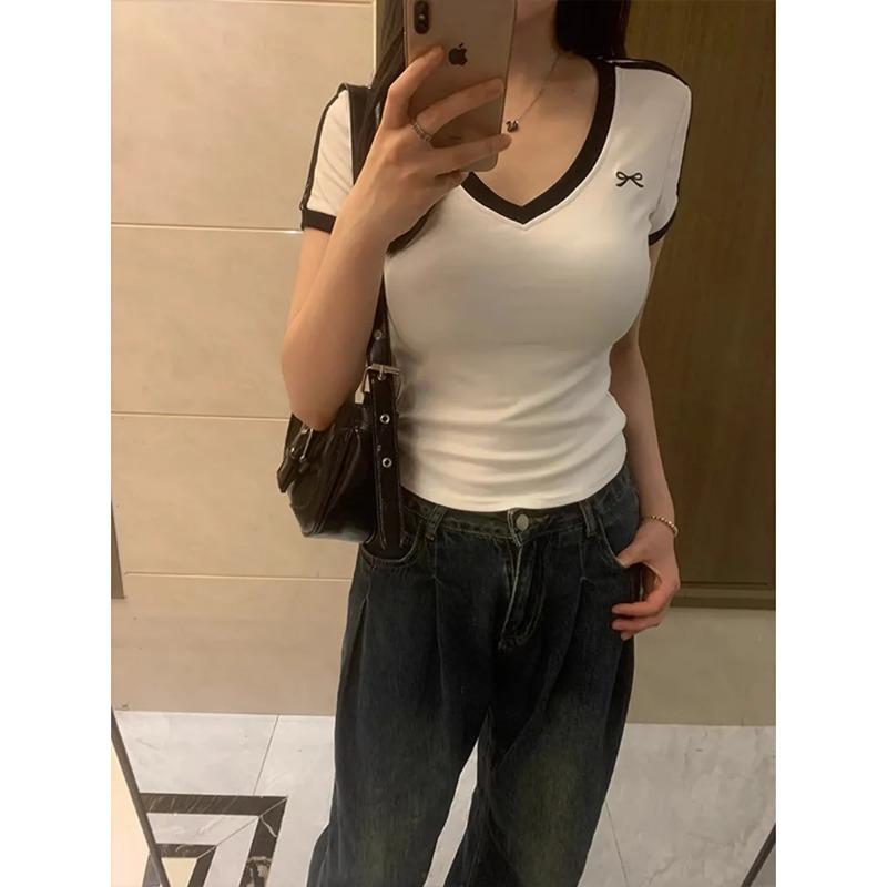 V-neck Pure Cotton Right Shoulder Fashion Short-sleeved T-shirt Women's New Bow Slim Slim Casual Top