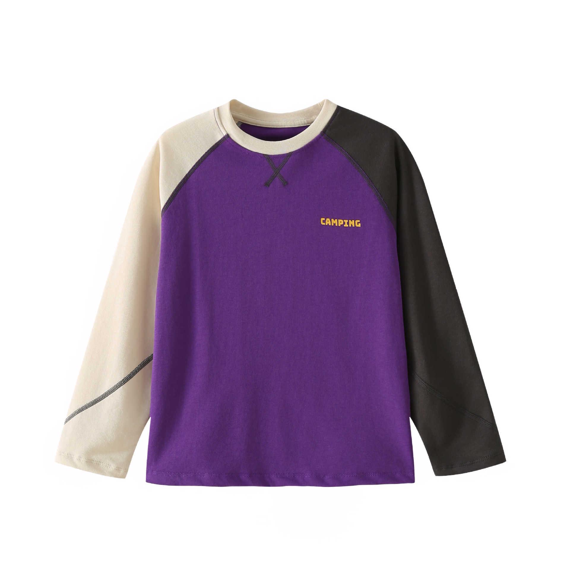 

2025 Color Block Raglan Long Sleeve Pure Cotton Kids T-Shirt for Boys & Girls 160 фиолетовый