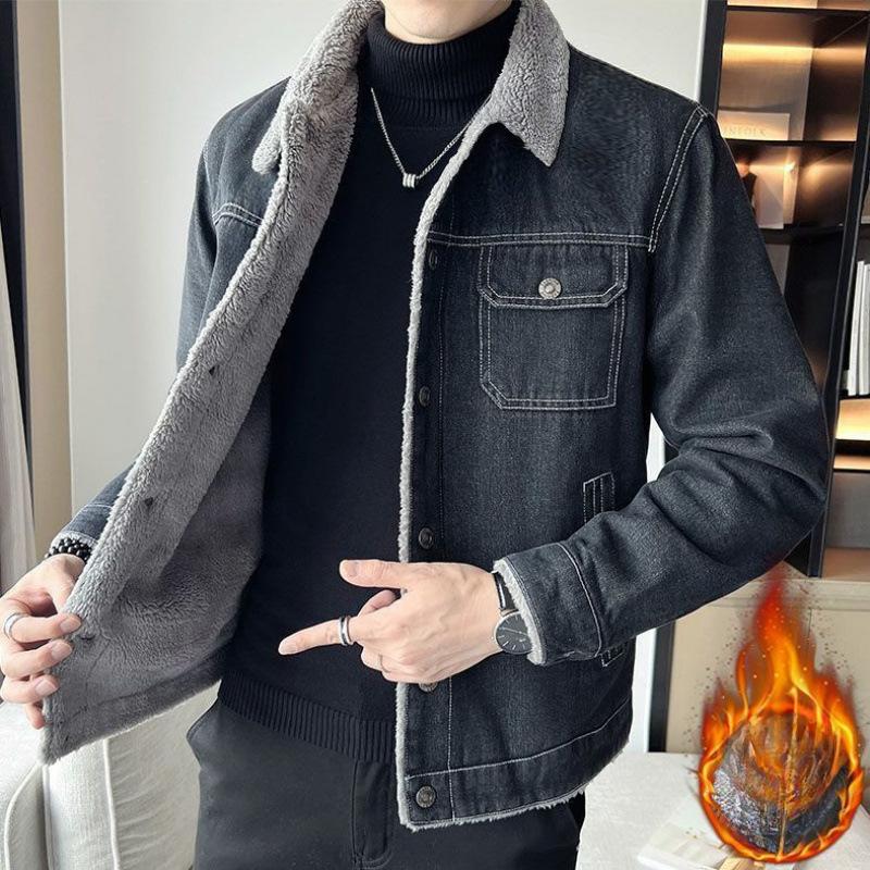 Jeansjacke Herren Sherpa Herbst und Winter Plus Samt Verdickt Warme Baumwolljacke Locker und Schön Koreanischer Stil Trendige Partnerjacke