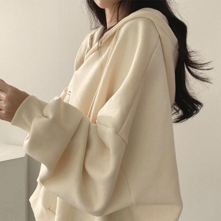 Women Loose Fashion Drop Shoulder Hooded Sweatshirt Top Large Size Solid Color Patch