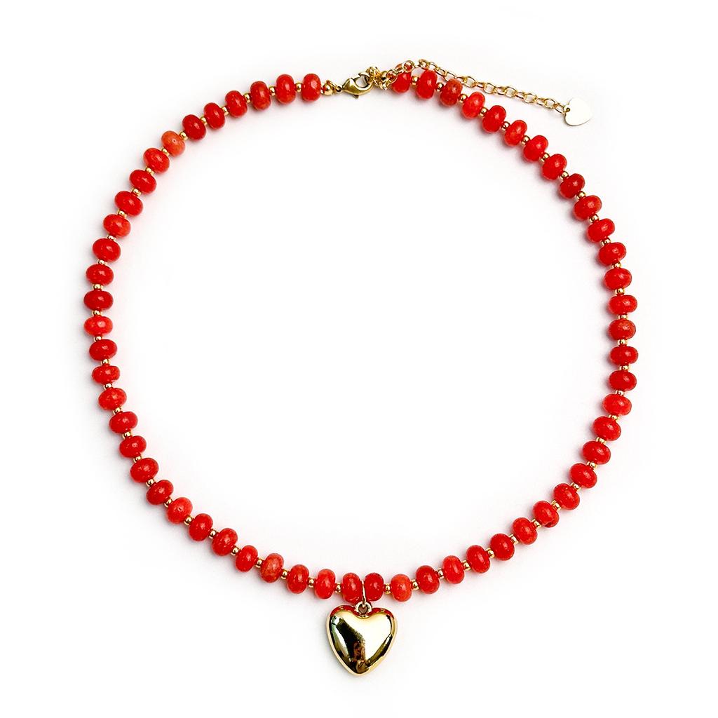 Gold Color Stainless Steel Puffy Love Heart Pendant Necklace Women Colorful Natural Stone Choker Summer Stackable Beach Jewelry