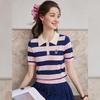 Bailuyu Retro Striped Embroidered Short Sleeve Lapel Knit Top