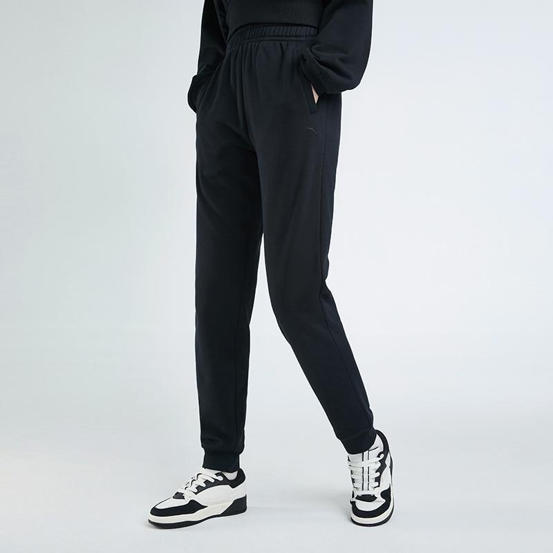 Anta Sports Lifestyle Series Solid Color Mid-Rise Cuffed Fleece Knit Joggers Women Joggers Black 962547312-1
