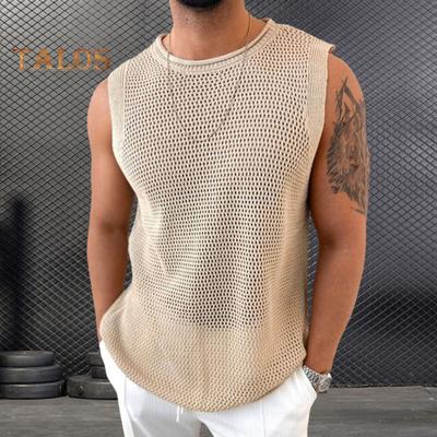 Herren Weste Rundhals Ärmellos Sommer Atmungsaktive Weste Einfarbig Hohl Strick Tops Fitness Home Wear