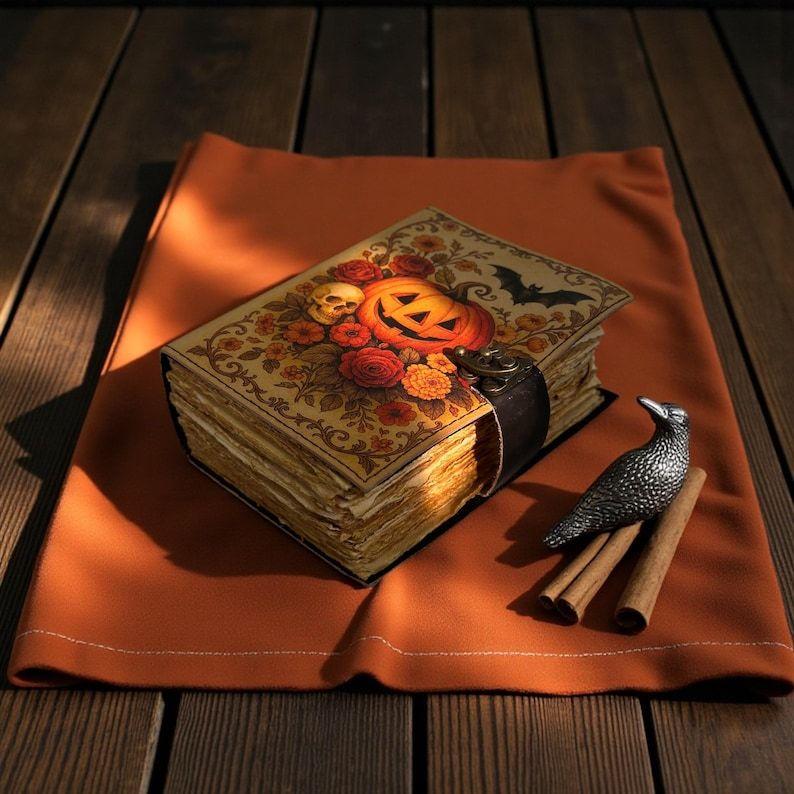 `Handmade Halloween Pumpkin Leather Journal | Floral Witchy Grimoire Notebook | Vintage Notebook with Lock Closure