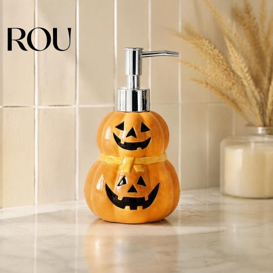 Empty Lotion Container Halloween Ceramic Ghost Soap Dispenser, with Stainless Steel Pump, Pumpkin Refillable Hand Bottle Liquid Container, Shower Gel