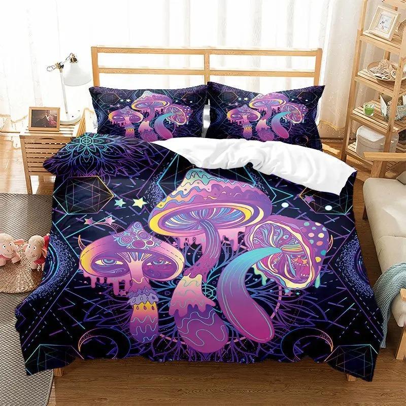 Psychedelic Mushroom Duvet Cover Boho Exotic Cartoon Gradient Mushroom Bedding Set Nature Fungus Comforter Cover for Boys Girls