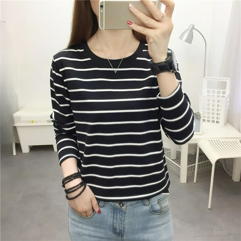 Plus Fat Plus Size Women's Loose Long-sleeved T-shirt Women's Autumn Cotton Striped Bottoming Shirt Top Clothes