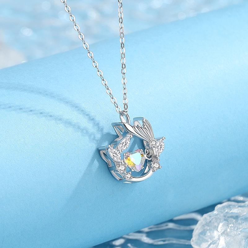 S925 Sterling Silver Heart & Fish Tail Necklace - Versatile Niche Design, Forest Style Clavicle Chain