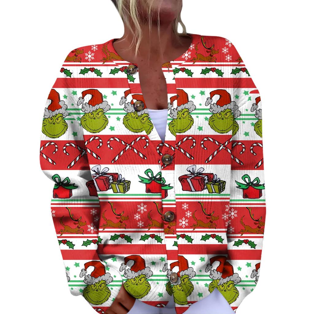Women's Fashion Christmas Printed Long Sleeve Knitted Cardigan Button Down Jacket