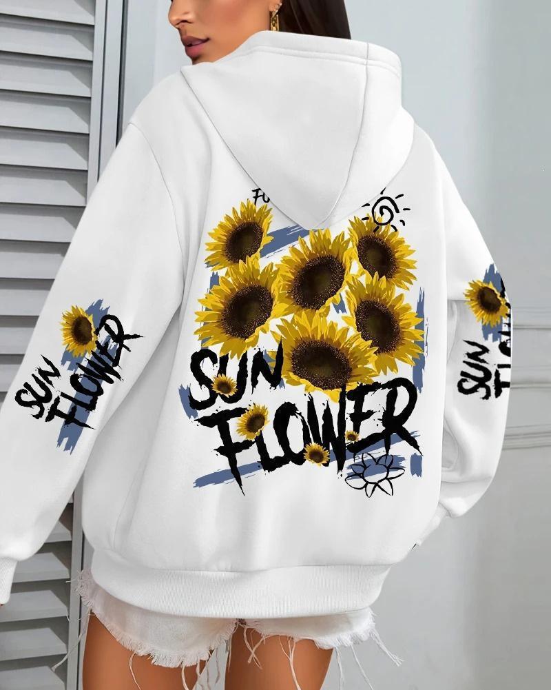 Damen Hoodie mit Sonnenblumen-Graffiti-Print, lockere Passform, mit Taschen