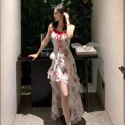 French Ruffle Floral Camisole Dress - Irregular Stunning Seaside Style, Waist-Cinching, Summer Vacation-Ready.