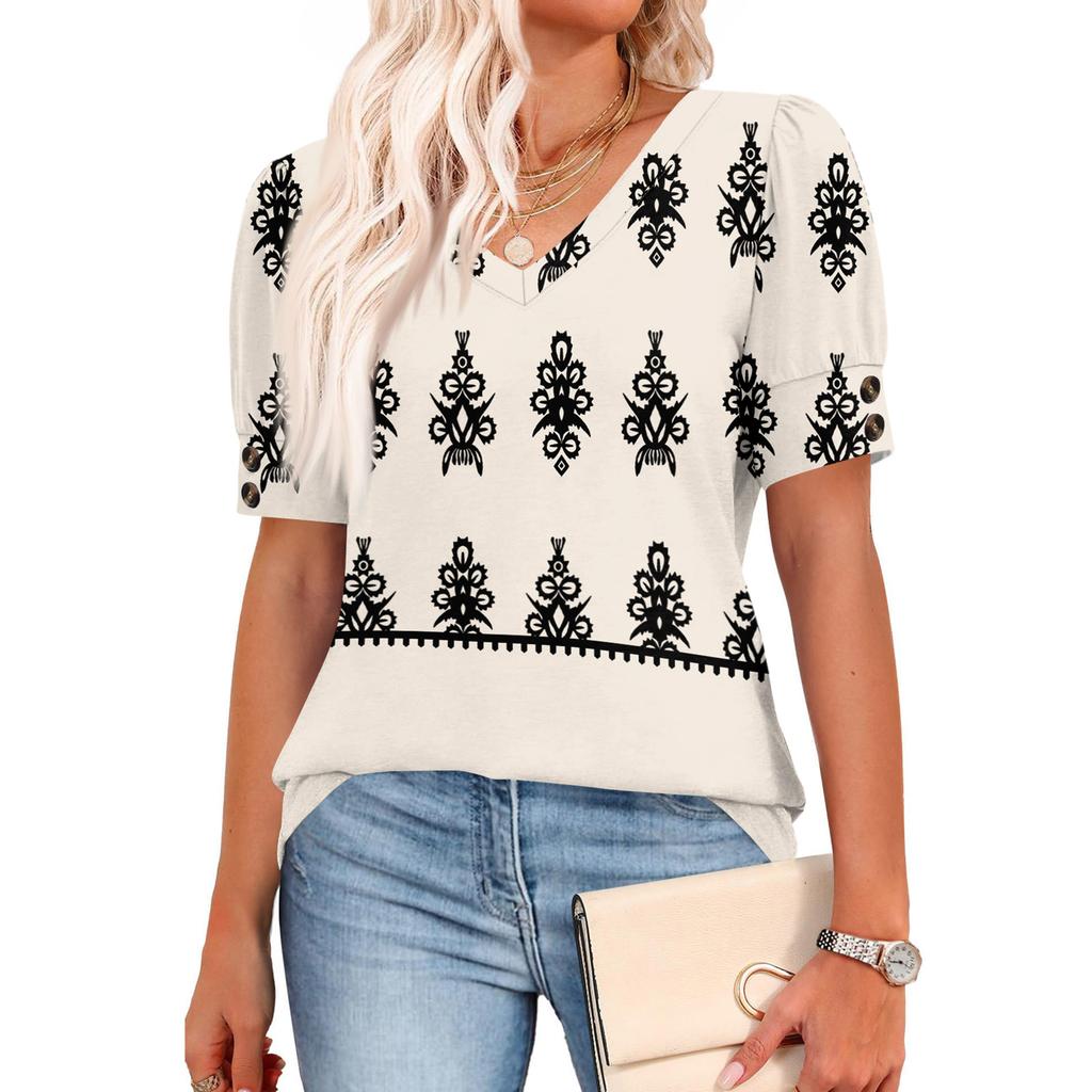 Womens Tops Short Sleeve Shirts Buttons V Neck  Fashion Outfits  Blouses  Casual