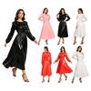 Damen Wasserdichtes Vinyl Midi Kleid Rundhalsausschnitt Rüschenbesatz Langarm Taillenraffung Schwingender Saum Glänzend Clubwear für Rave Party Ausgehen