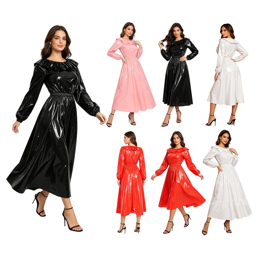 Damen Wasserdichtes Vinyl Midi Kleid Rundhalsausschnitt Rüschenbesatz Langarm Taillenraffung Schwingender Saum Glänzend Clubwear für Rave Party Ausgehen