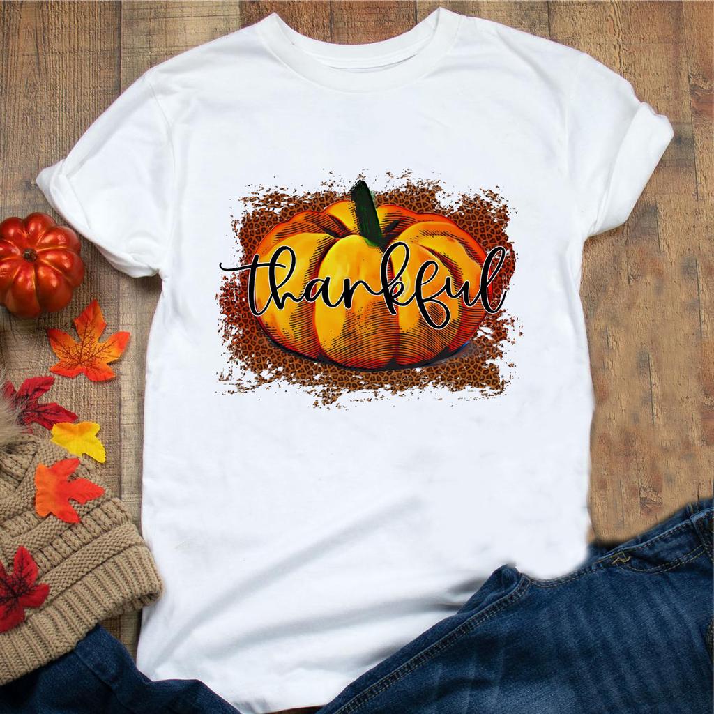 Halloween Be Thankful Pumpkin Print Women White T Shirt Sweet Fall Greatful Blessed Female Short Sleeve