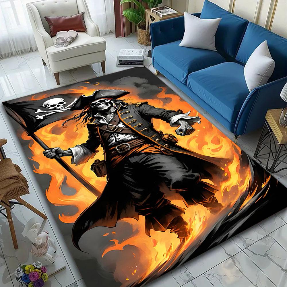"Fiery Skeleton Pirate with Flag" Patterned carpet, suitable as a non slip play mat for the living room and bedroom sofa