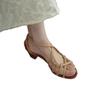 Soft leather version~ French temperament woven hollow word with open toe thick heel sandals fairy vacation style Roman shoes woman