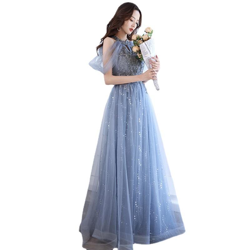 Evening dress women's 1011 new summer temperament socialite student long French banquet dress blue dress