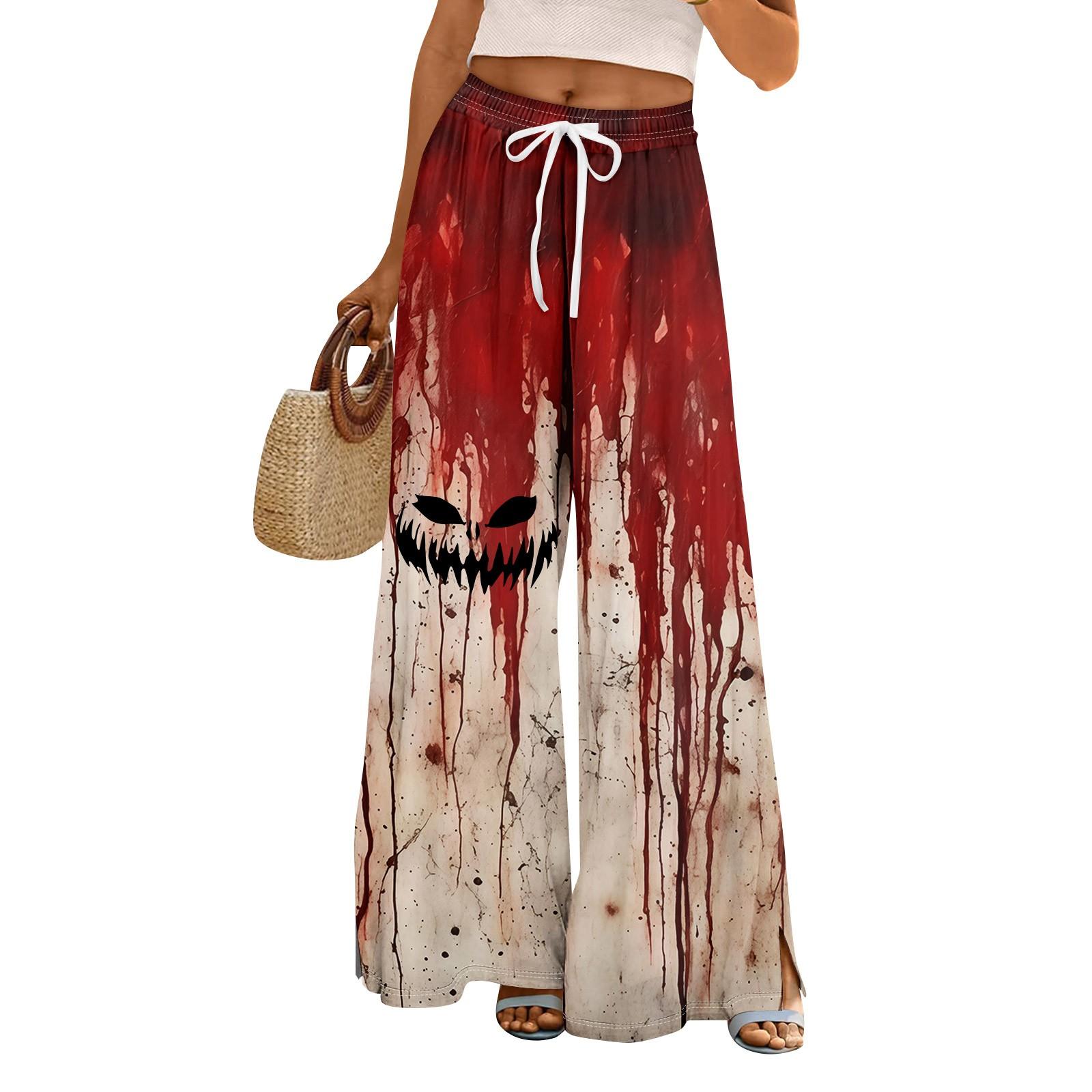 

Women Summer Boho Palazzo Pants High Waist Wide Leg Halloween Printing Casual Trousers With Pockets M