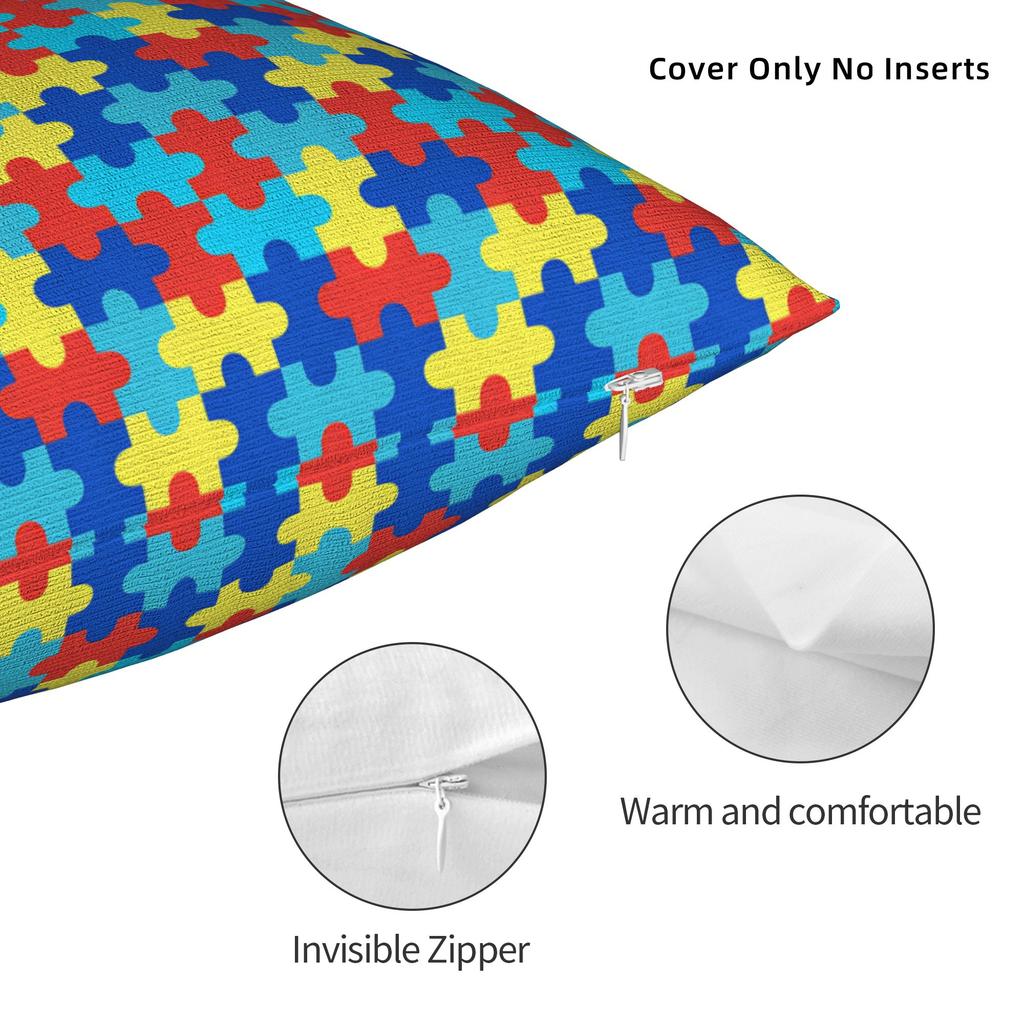 Red Yellow Blue Autism Puzzle Seamless Pattern Pillowcases Kawaii Pillow Case For Couch Sofa Bedroom Soft Pillow Cover