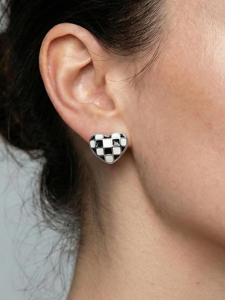 Checkerboard Heart Enamel Stud Earrings - European & American Fashion, Stainless Steel