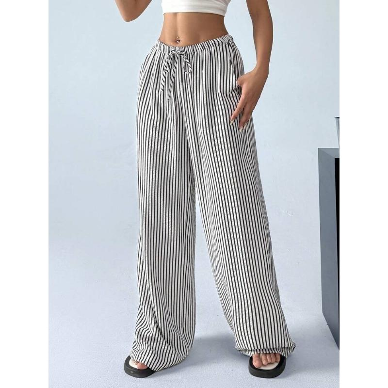 2025 Autumn New Cross border Women's Fashion Loose Striped Drawstring Elastic Waist and Floor Pants from Europe and America
