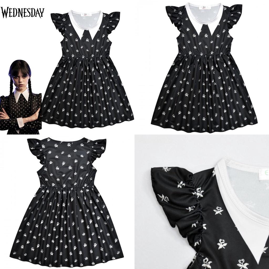 Kids The Addams Family Wednesday Cosplay Costume Soft Black Milk Silk Dress