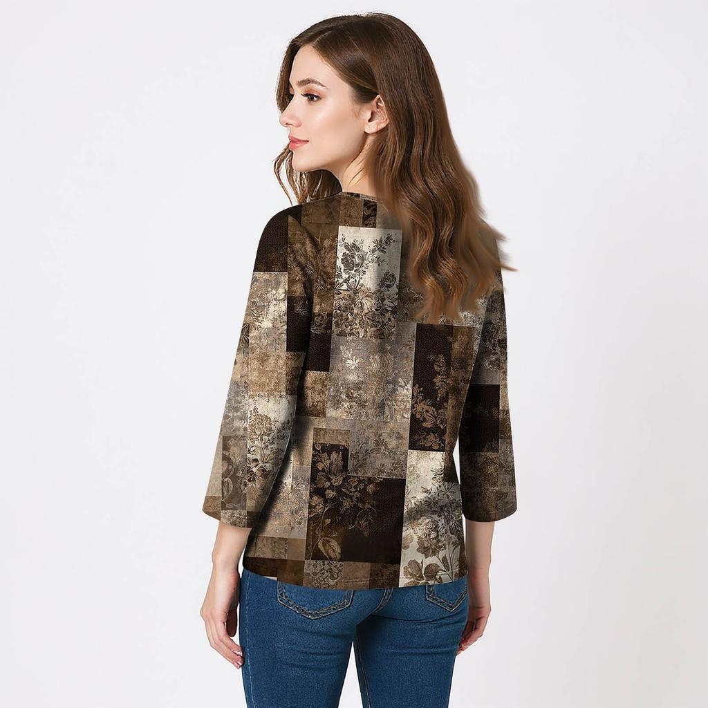 Women's 3/4 Sleeve Shirts V Neck Print Tops Casual Tops Basic Tees Blouse Loose Tops