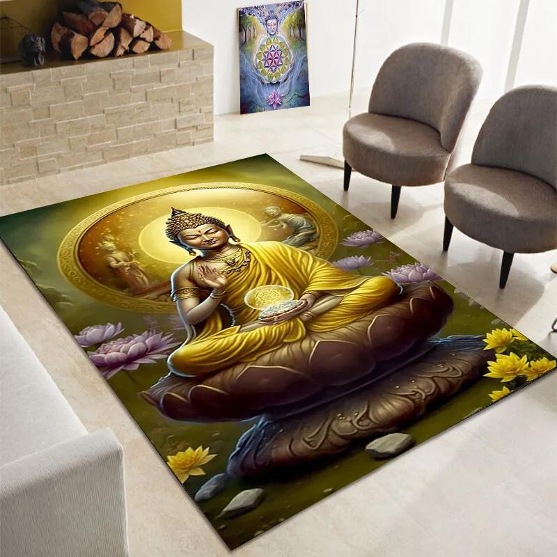 Buddha Teppich, Buddhismus Bereichsteppiche für Schlafzimmer Wohnzimmer Eingangsbereich, Buddha Statue Muster Meditation Bodenmatte Rutschfester Yoga Teppich